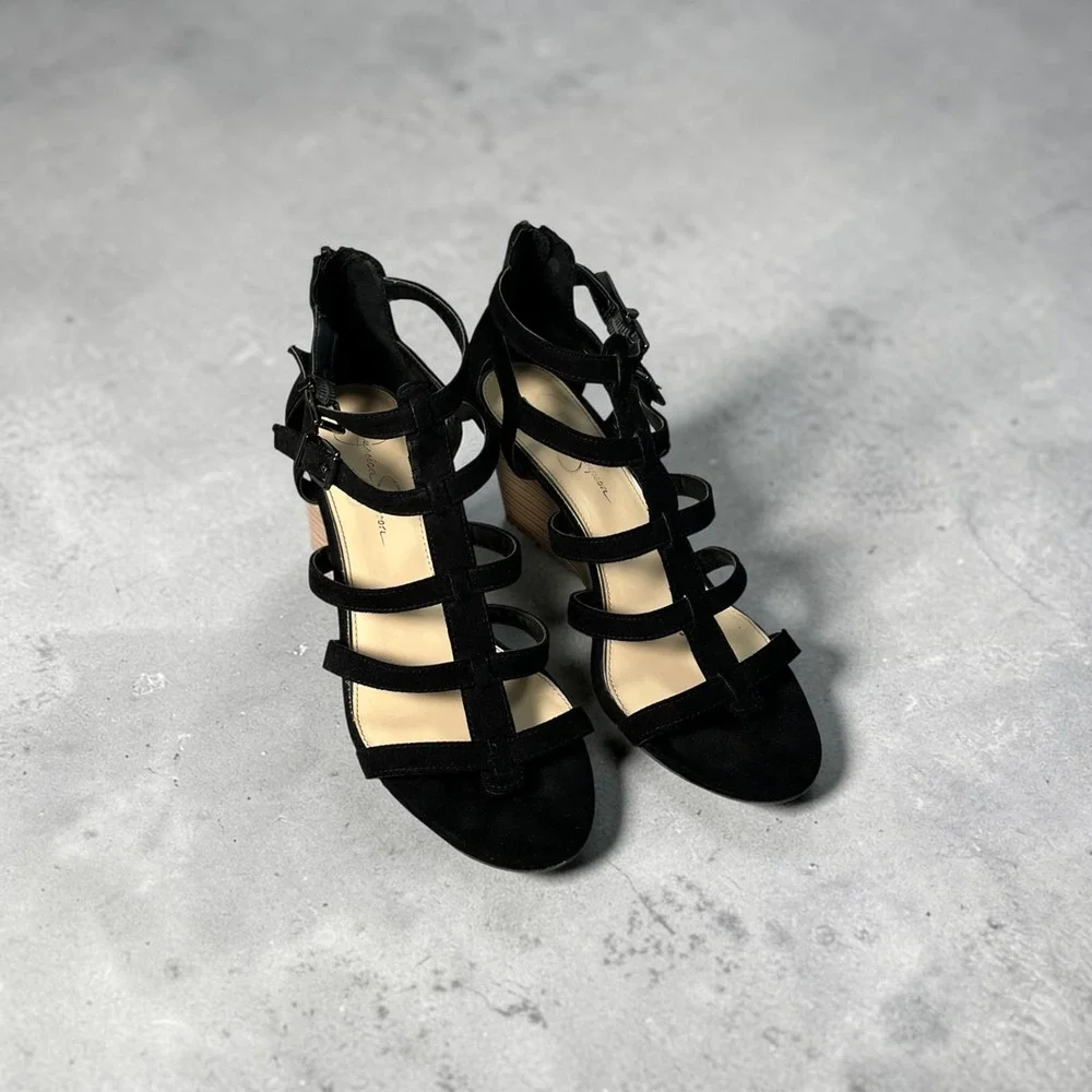 Jessica Simpson Wedge Sandals 8 Black Gladiator Strappy Cage Heels Night Out
